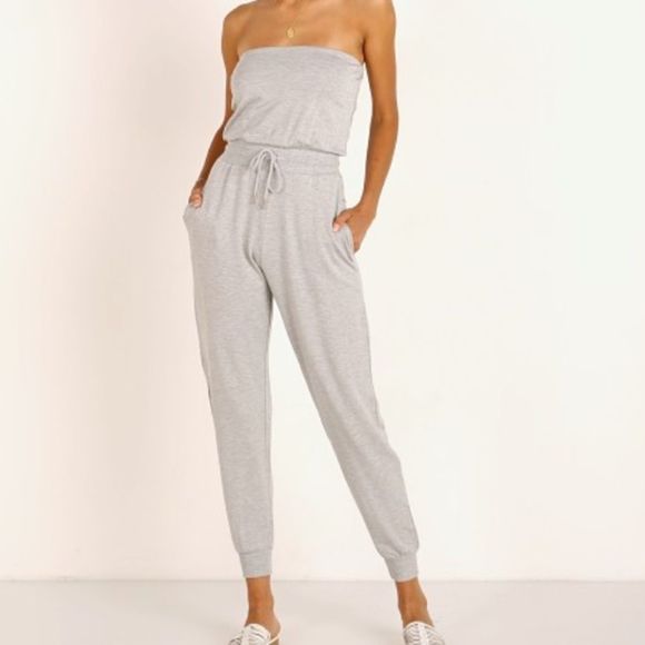 L*Space North Shore Strapless Jumpsuit Drawstring Waist Grey NWOT. Size: LARGE - Picture 1 of 6